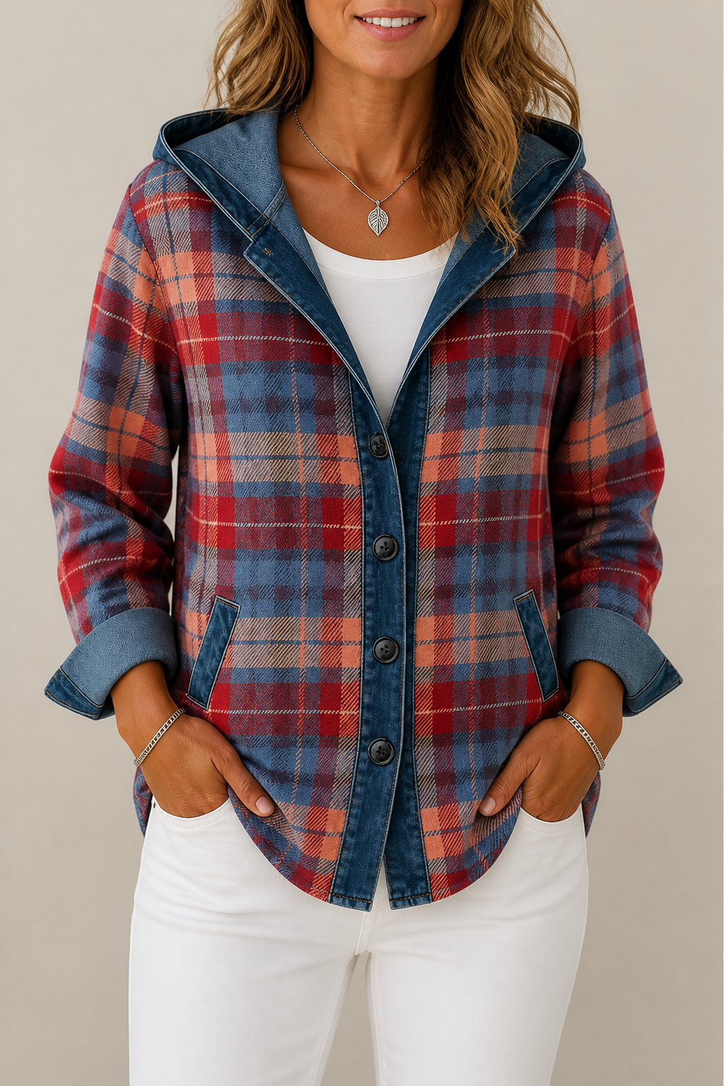 Plaid hooded cardigan with a denim hood worn with white jeans