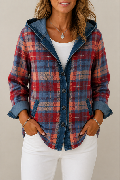 Plaid hooded cardigan with a denim hood worn with white jeans