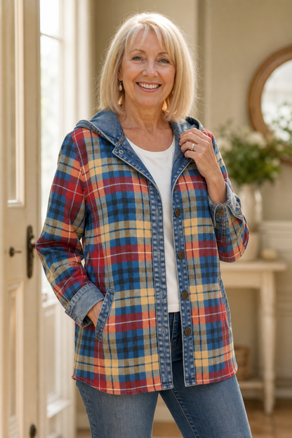 Woman indoors in a plaid hooded cardigan with denim trim