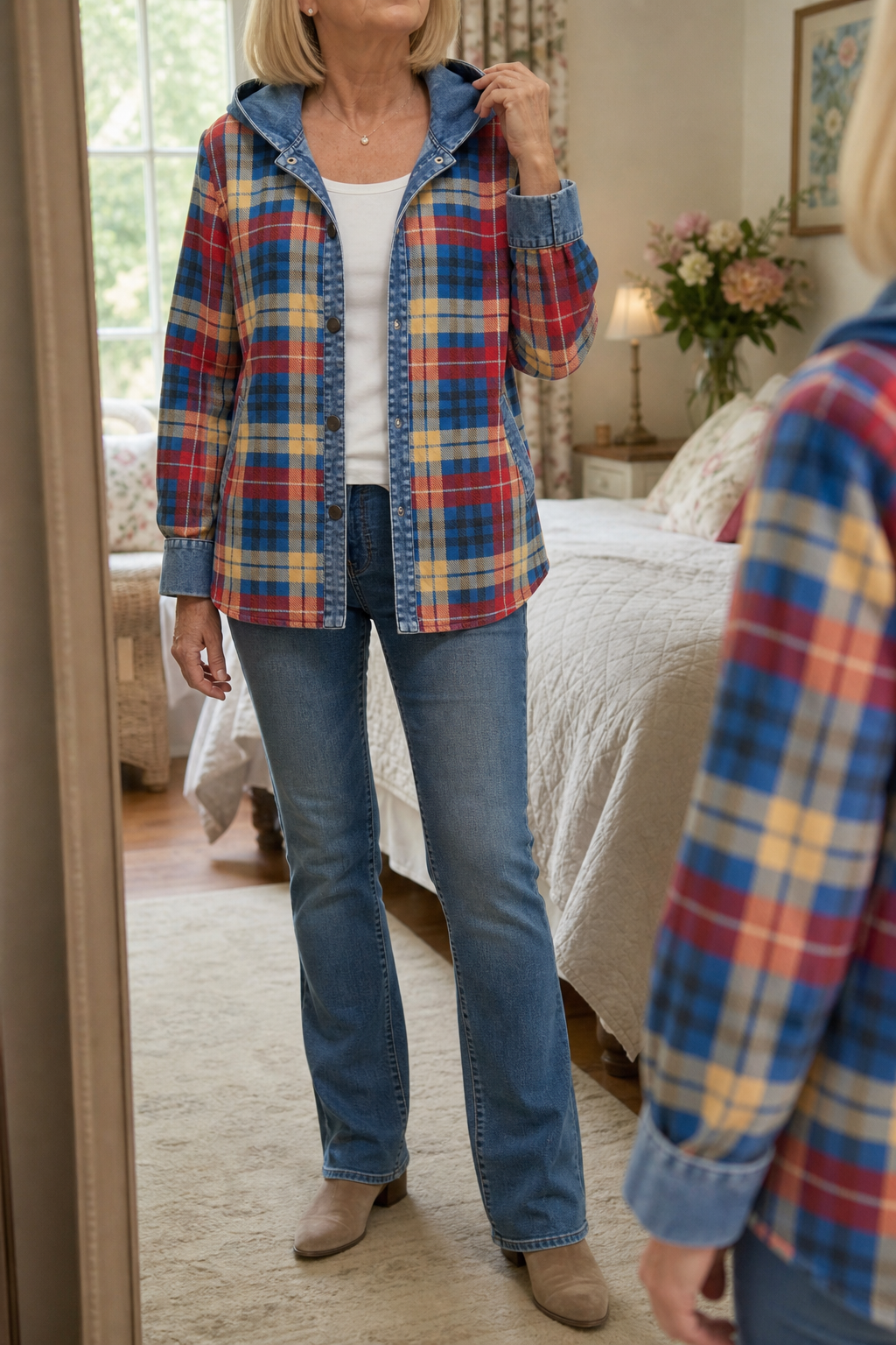 Plaid hooded cardigan with denim trim seen in a bedroom mirror