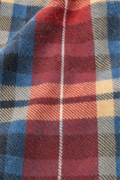 Close up of the brushed red and blue plaid flannel