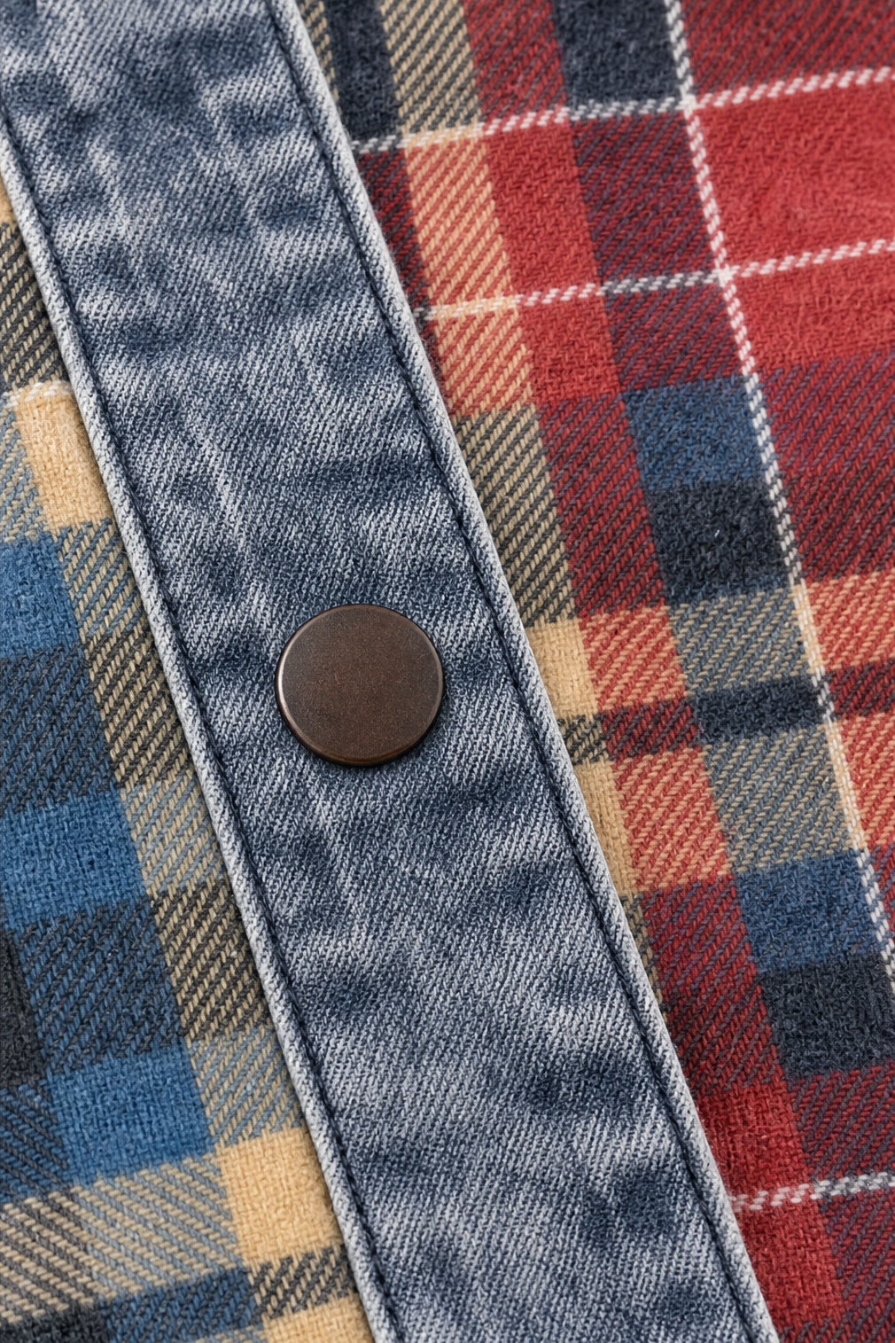 Denim placket and metal snap on a plaid hooded cardigan