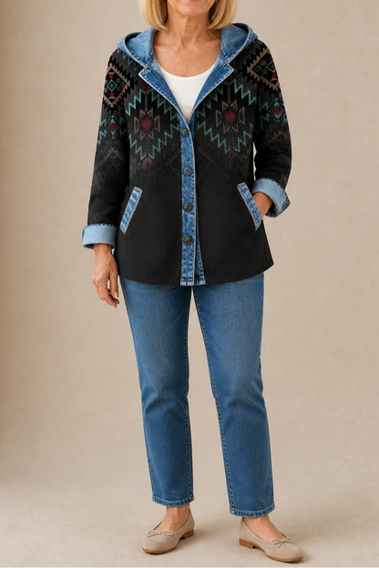 Black aztec print hooded button cardigan with denim trim