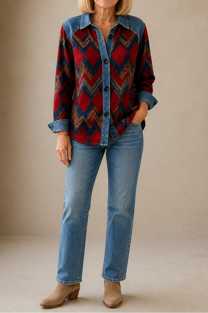 Red and navy aztec print hooded button cardigan with denim yoke