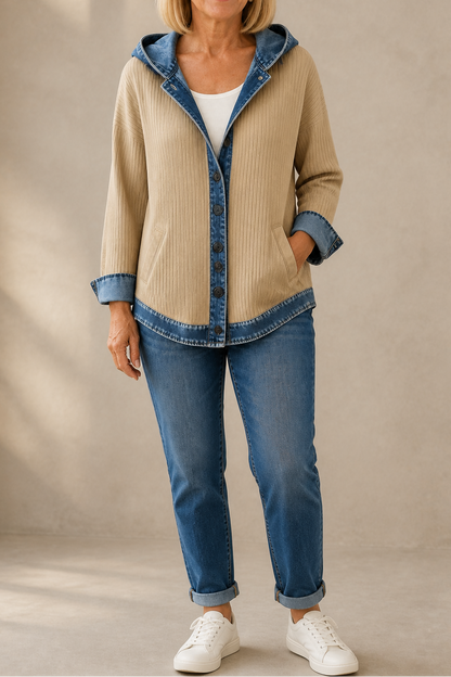 Beige ribbed knit hooded button cardigan with denim trim