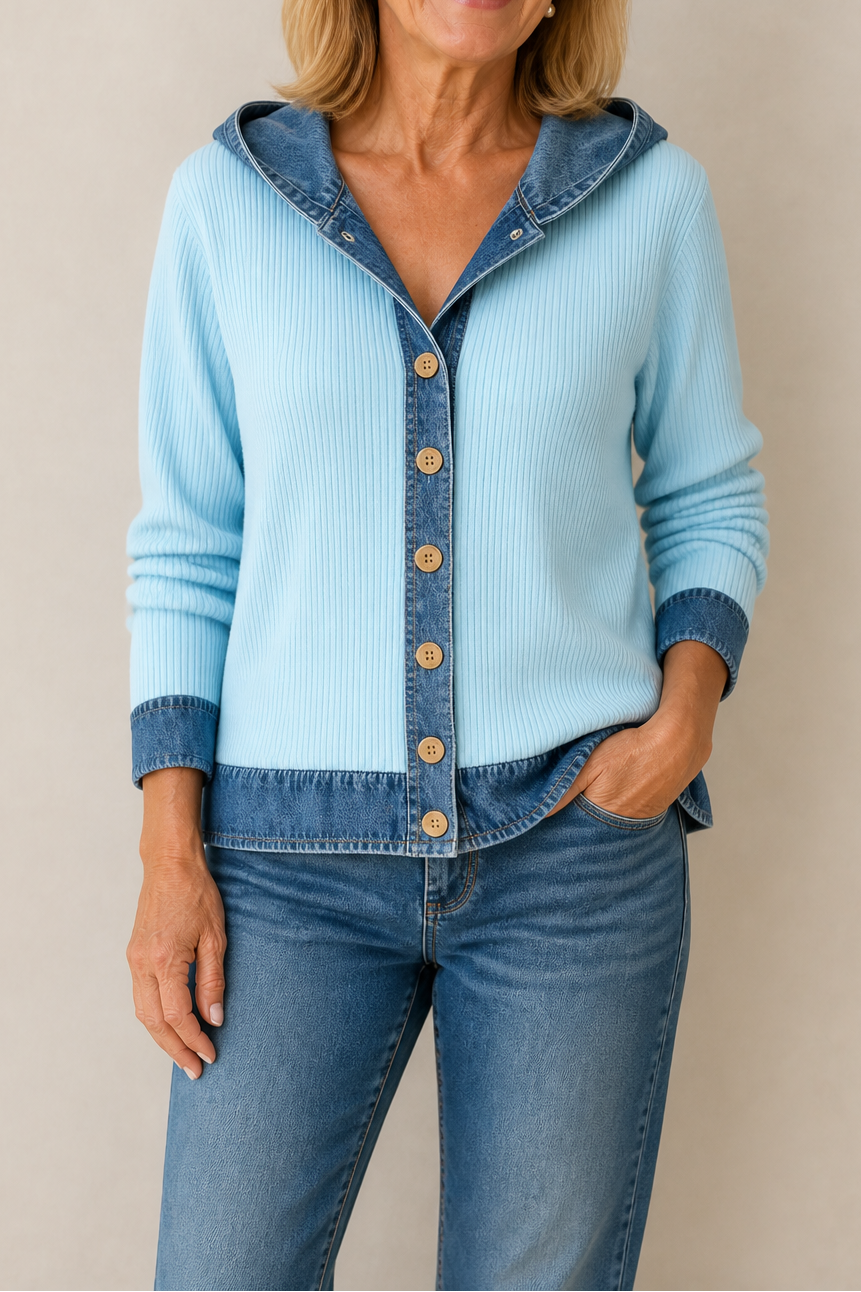 Light blue ribbed knit hooded cardigan with denim trim