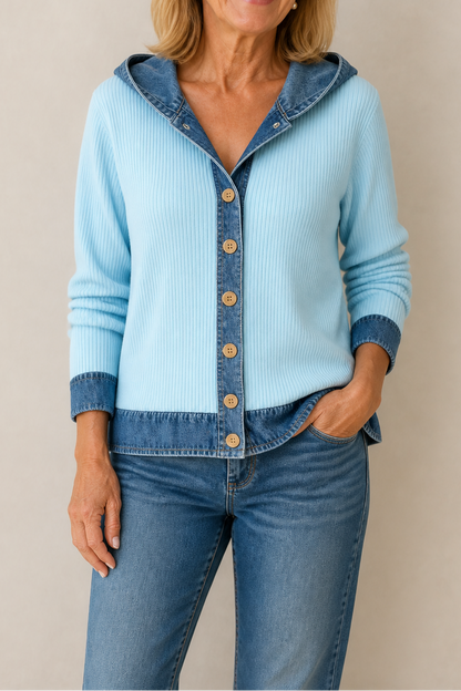 Light blue ribbed knit hooded cardigan with denim trim