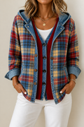 Plaid hooded button cardigan with denim trim and patch pockets