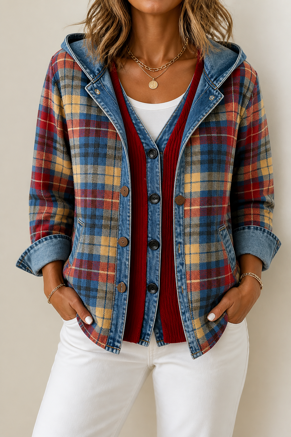 Plaid hooded button cardigan with denim trim and patch pockets