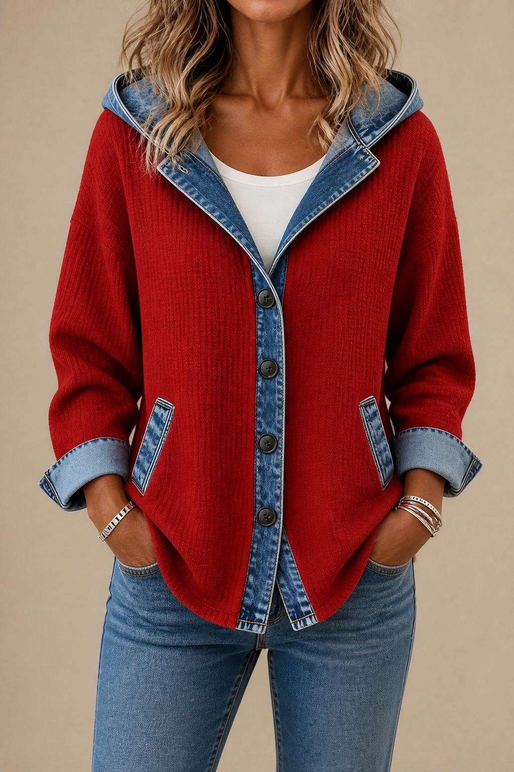 Red ribbed knit hooded button cardigan with denim trim