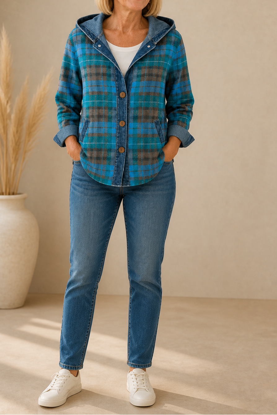 Teal plaid hooded button cardigan with denim trim