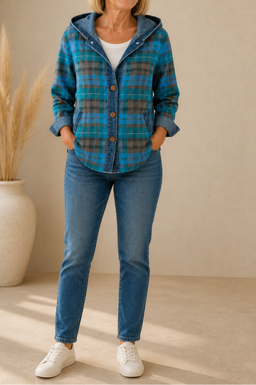 Denim Trim Hooded Button Cardigan