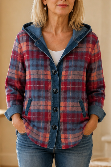 Denim Trim Hooded Knit Jacket