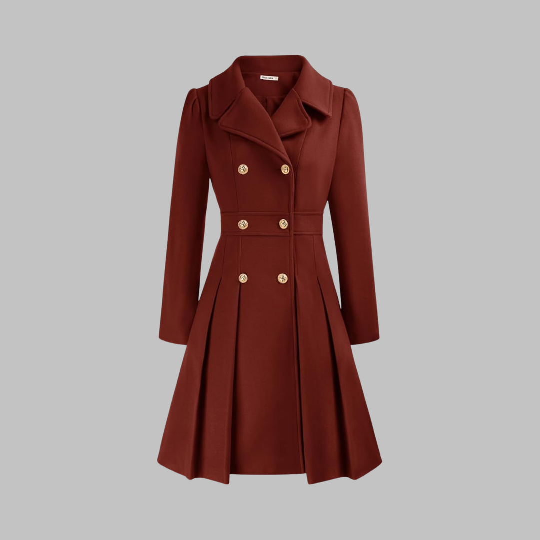 Burgundy double-breasted coat with a pleated skirt and gold buttons