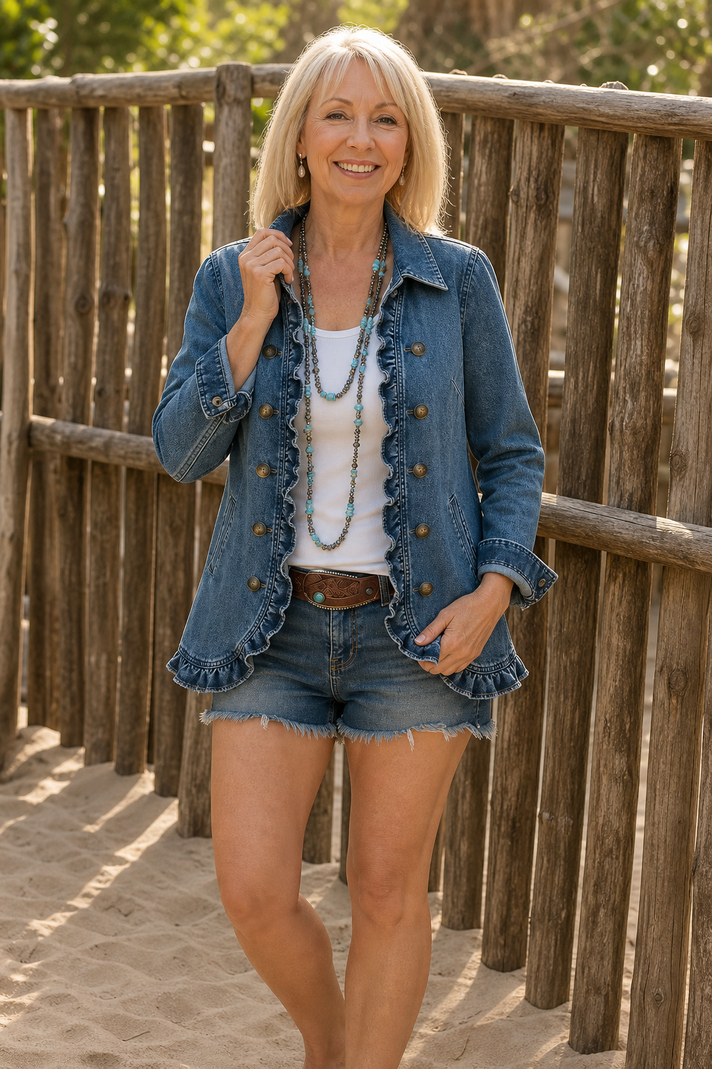 Woman by a wooden fence in a ruffle trim denim jacket and shorts