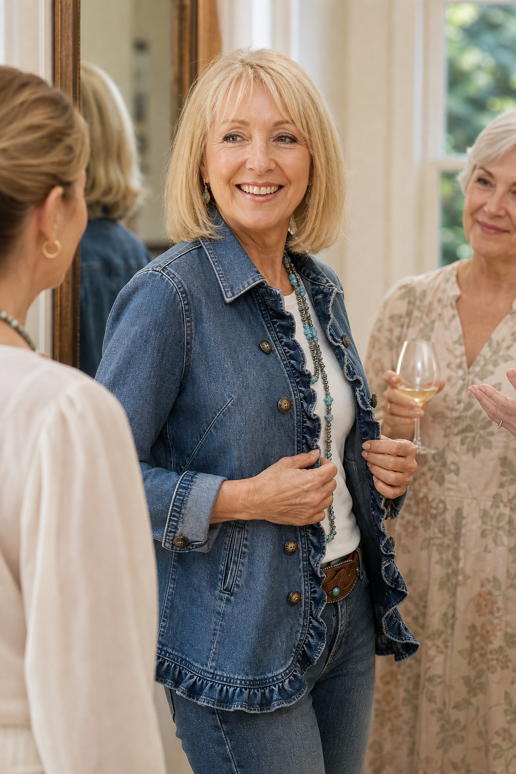 Woman at a party in a double breasted ruffle denim jacket