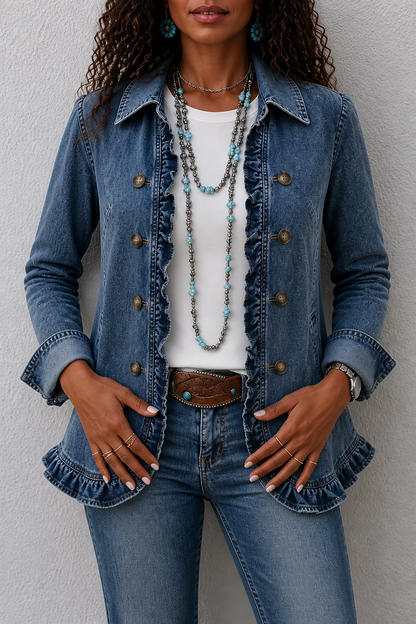 Blue denim jacket with a double breasted front and ruffled hem