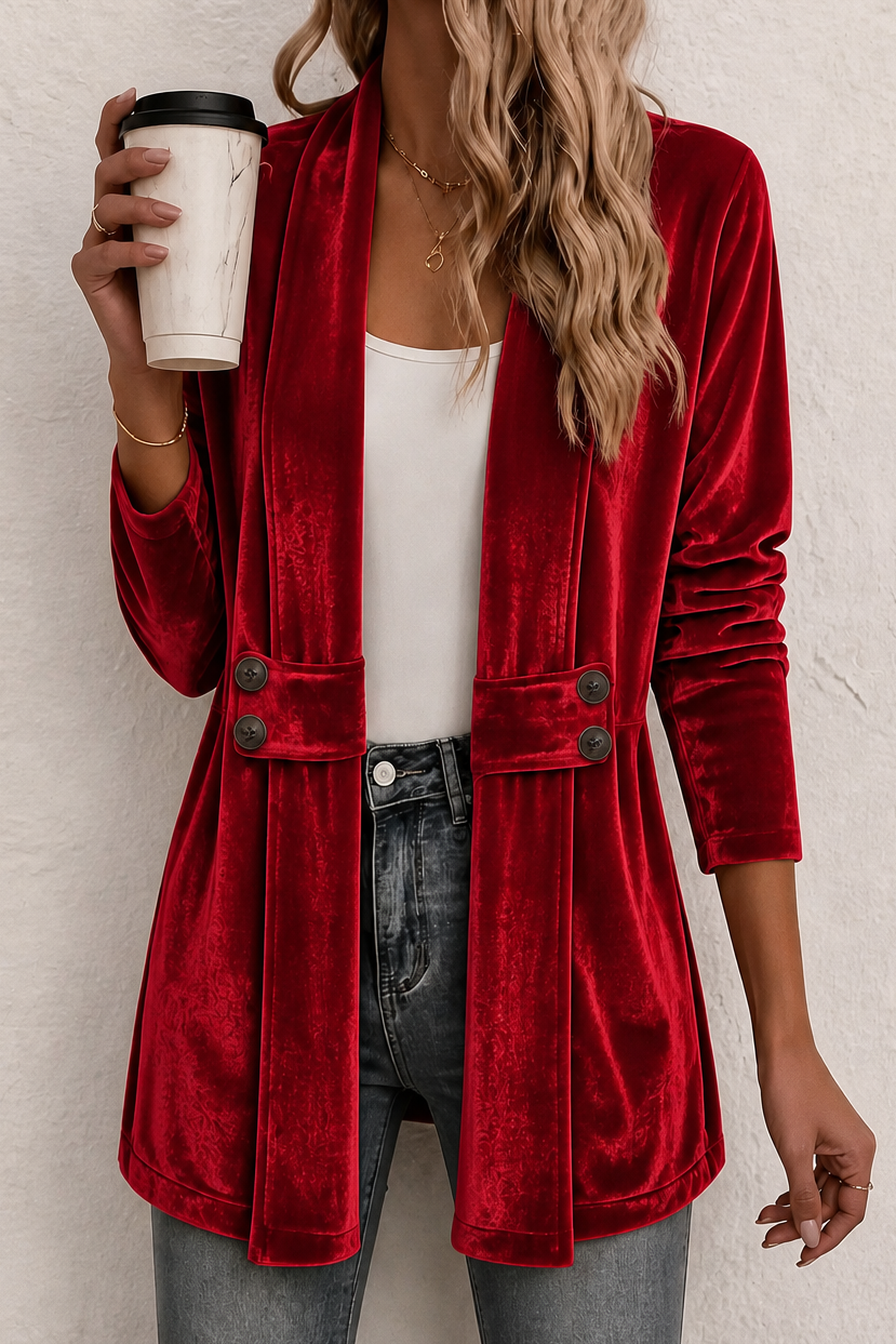 Red velvet cardigan with a shawl collar and buttoned waist tabs