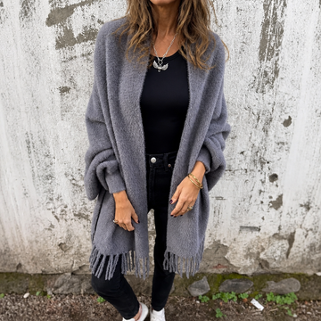 Draped Shawl Collar Fringed Wrap