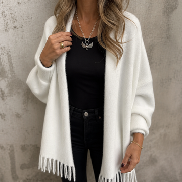 Draped Shawl Collar Fringed Wrap