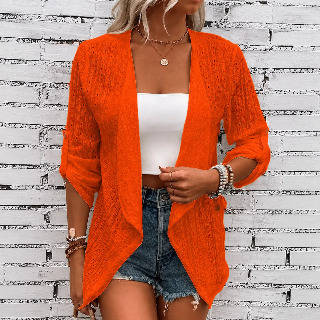 Orange eyelet waterfall open front cardigan with rolled sleeves
