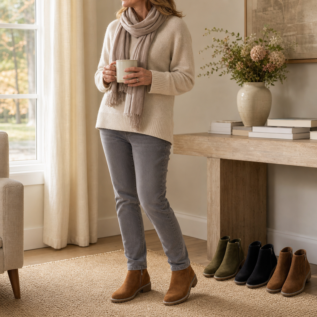 Woman in a cream sweater and scarf wearing tan suede ankle boots