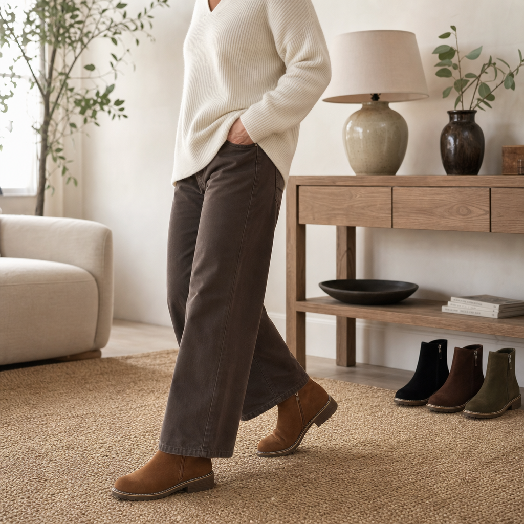 Tan suede ankle boots worn with brown wide leg trousers