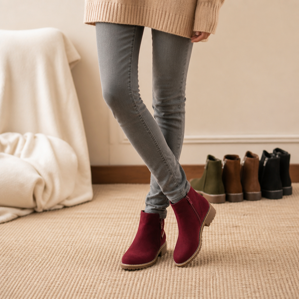 Burgundy suede ankle boots with block heels worn with grey jeans