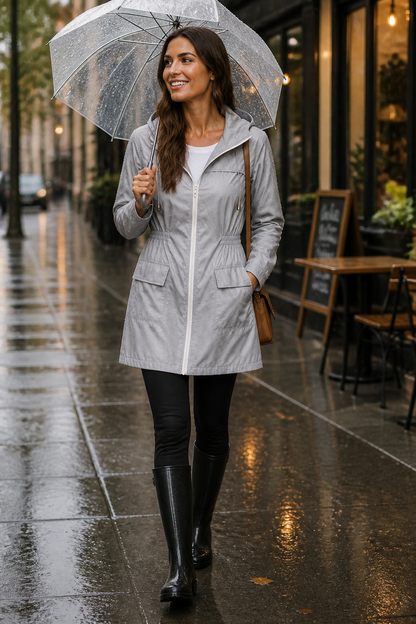Woman with an umbrella in a grey rain jacket and tall black boots
