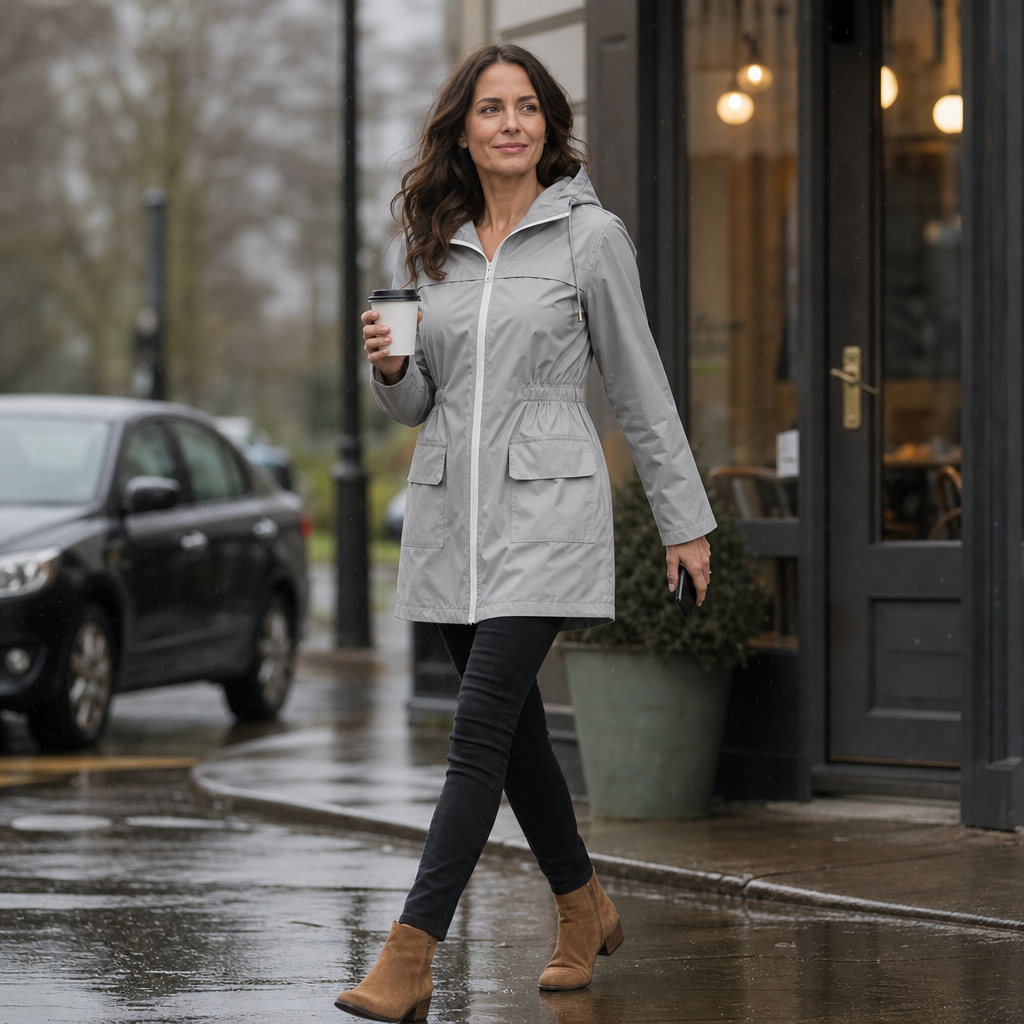 Grey fitted rain jacket worn with leggings on a rainy high street