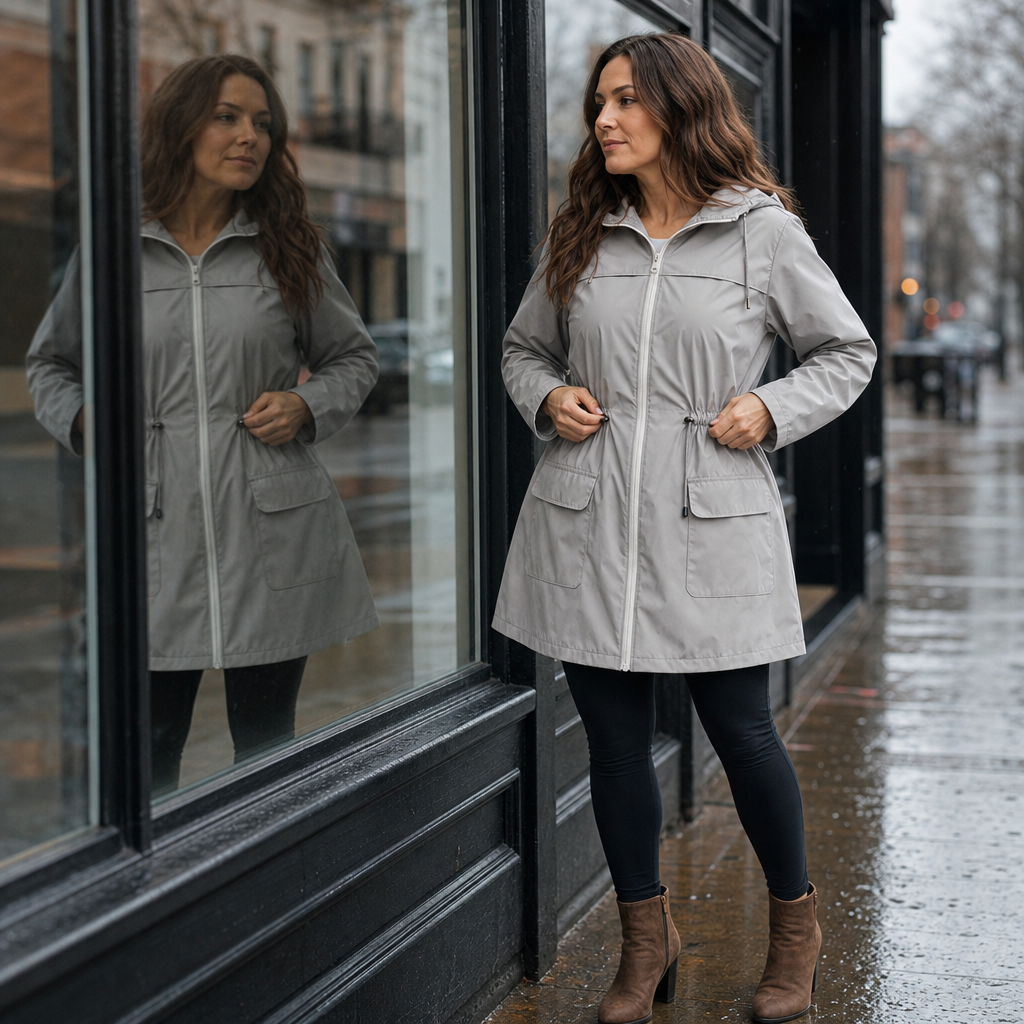 Grey rain jacket reflected in a shop window on a wet day