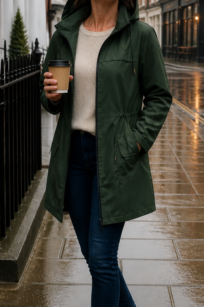 Dark green hooded rain jacket worn with jeans on a rainy pavement