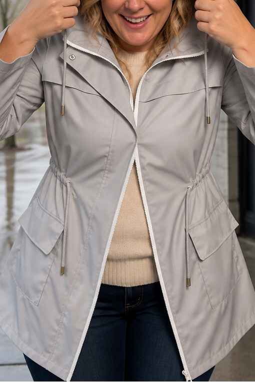 Stone waterproof rain jacket with a drawcord waist and flap pockets