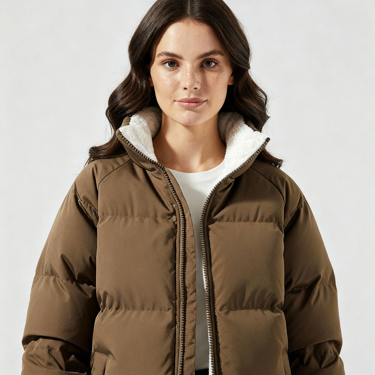 Close-up of the sherpa lined collar on a taupe puffer jacket