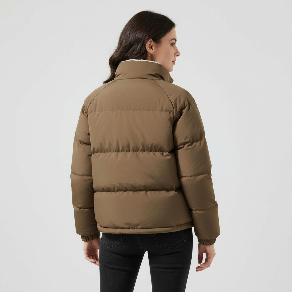 Back view of the taupe fleece-lined puffer jacket