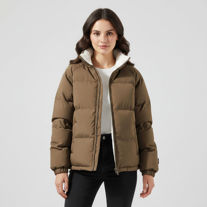 Woman in a taupe puffer jacket with a cream sherpa lined collar