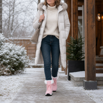 Woman on a snowy path in pink fleece lined platform snow boots