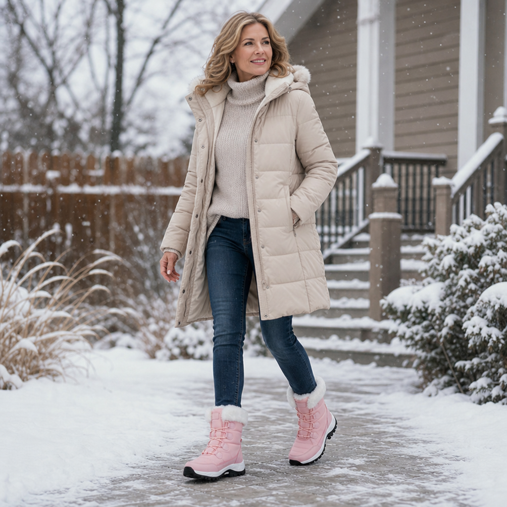 Pink snow boots worn with jeans and a cream puffer coat
