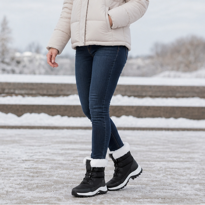 Black fleece lined platform snow boots with fur cuffs