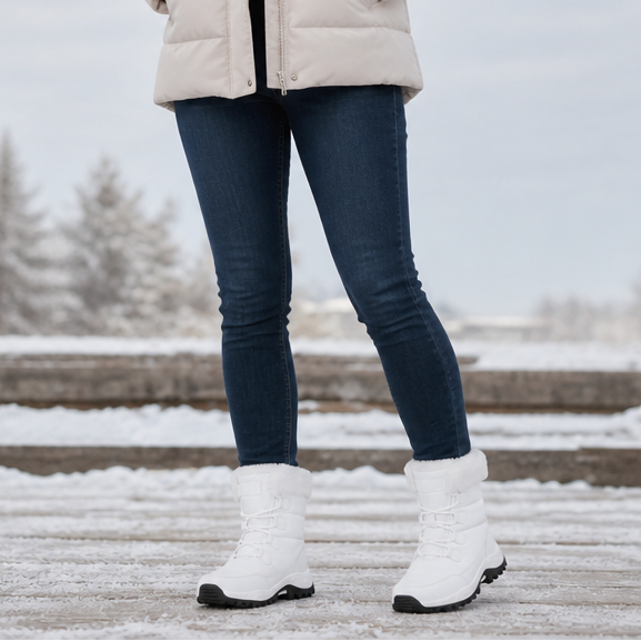 White fleece lined platform snow boots worn in the snow
