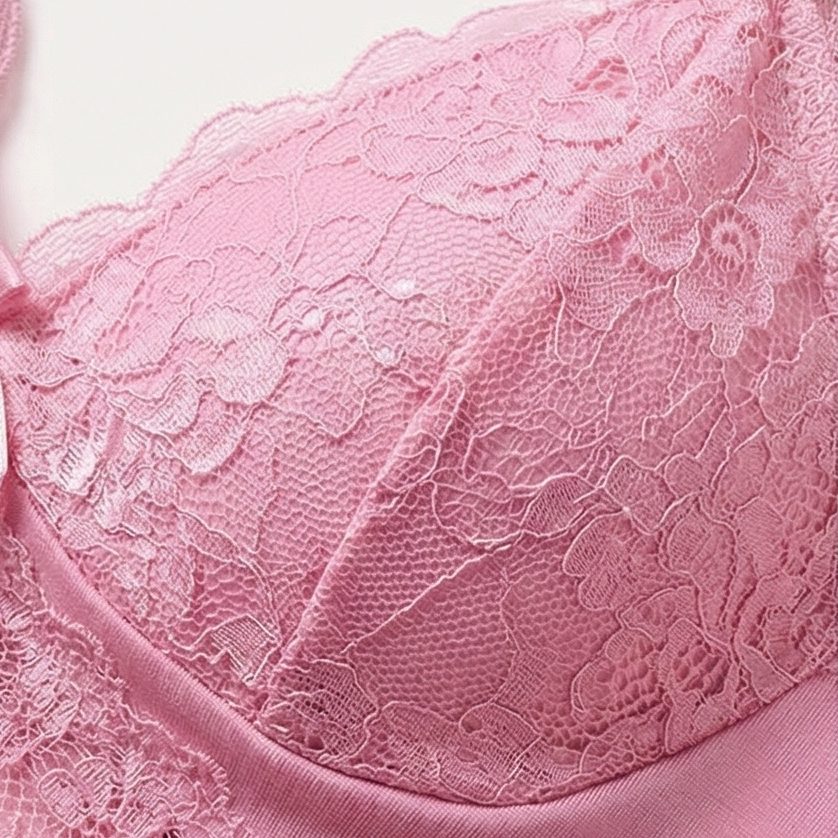 Close-up of the floral lace cup on a pink cami