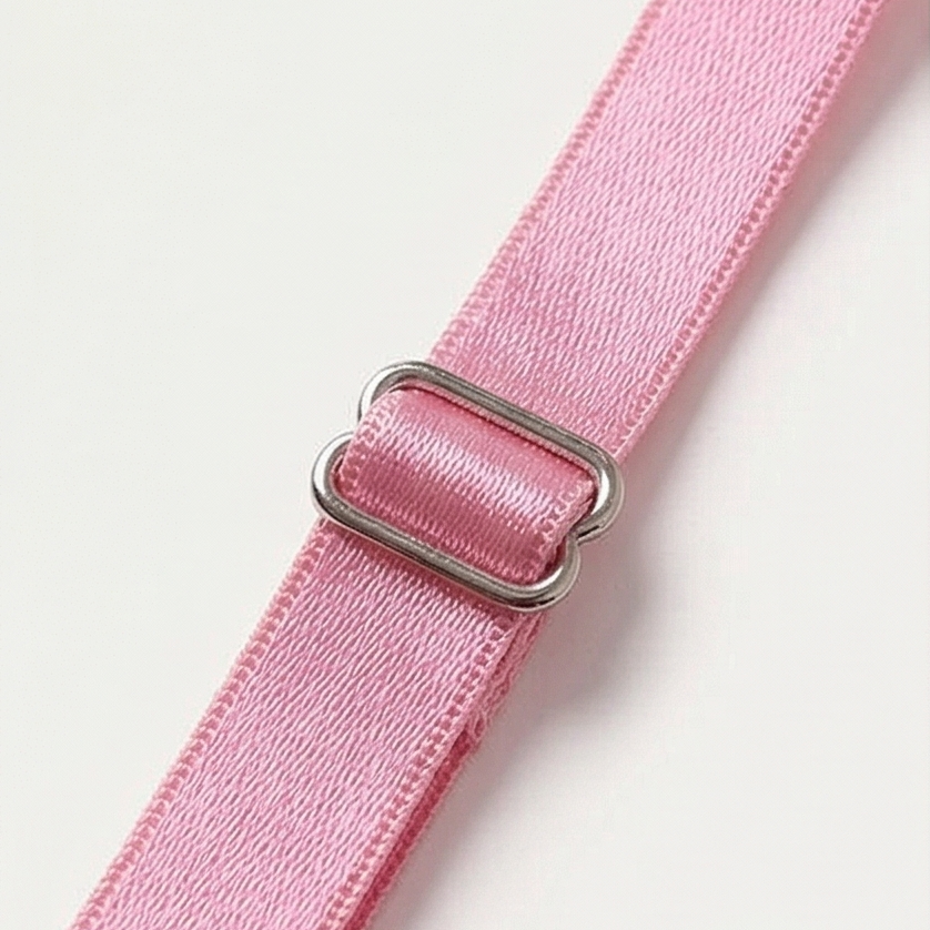 Silver slider on a pink satin shoulder strap