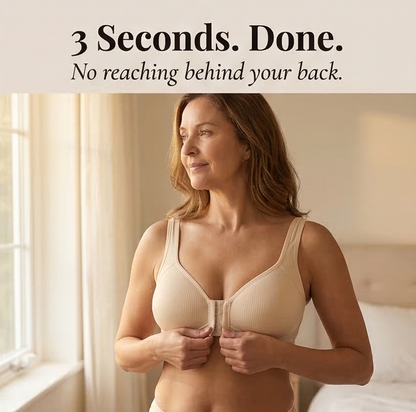 Feature panel of a woman fastening the front closure