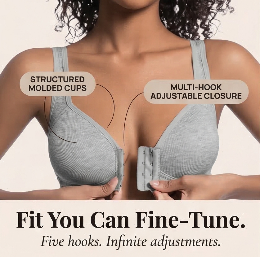 Feature panel with callouts on the multi-hook front closure