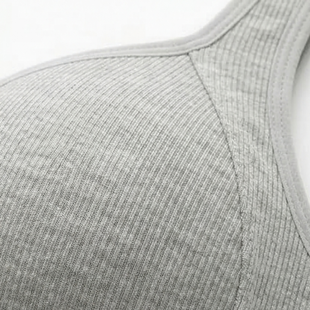 Close-up of the grey ribbed cotton knit fabric