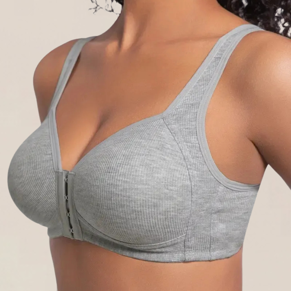 Side view of a grey ribbed front-close bra