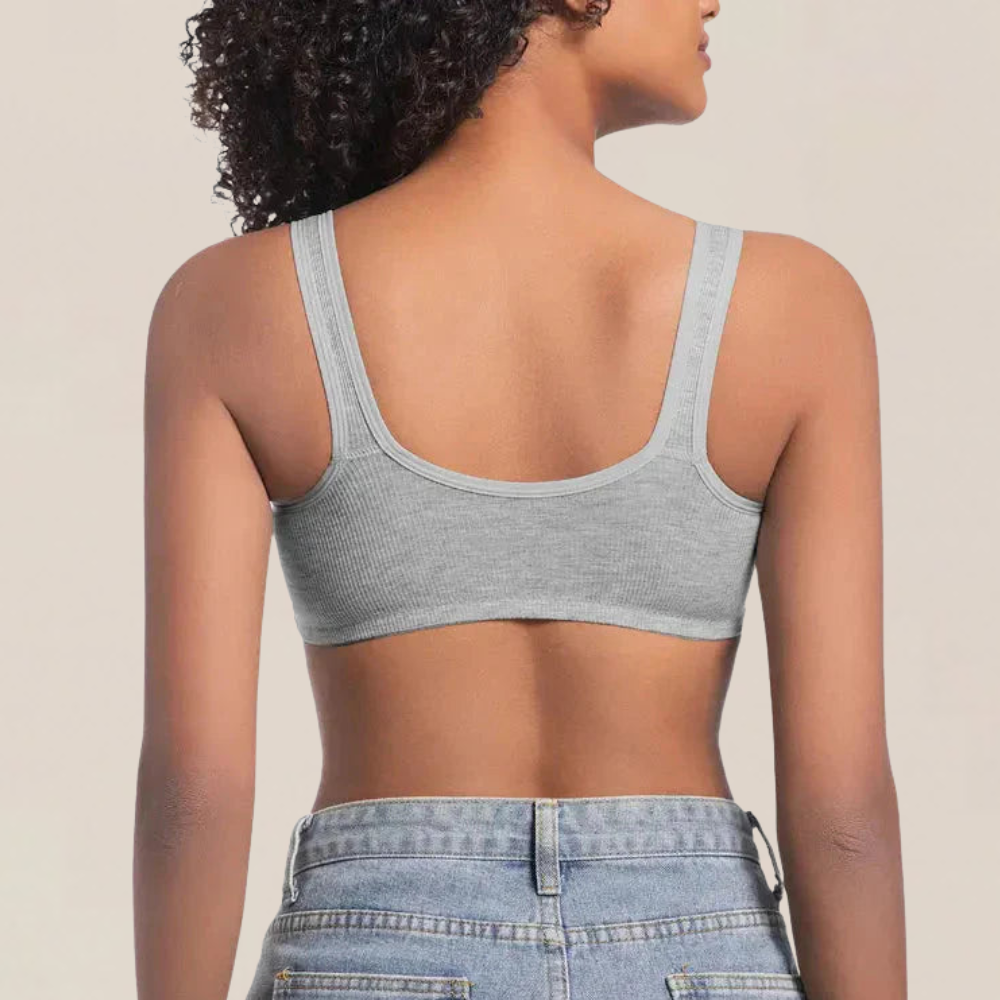 Back view of the grey ribbed bra with a smooth band