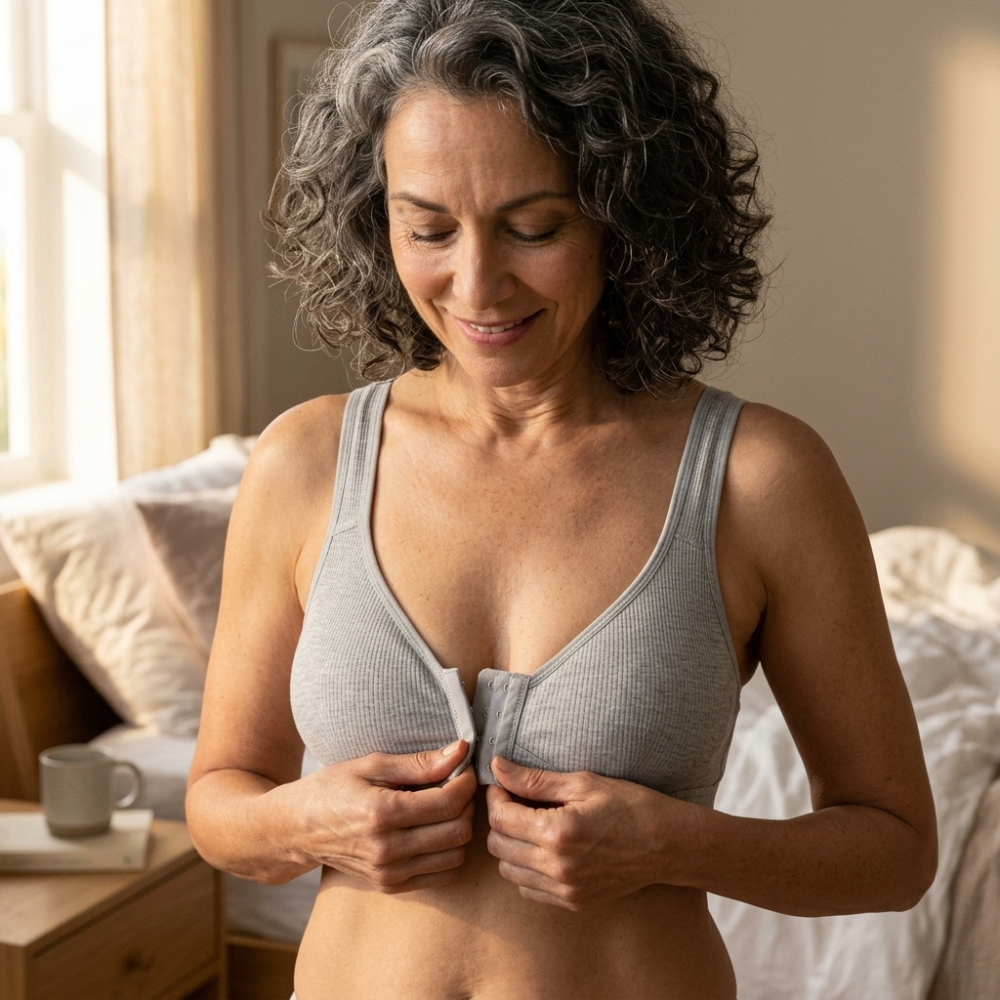 Woman fastening a grey ribbed front-close bra at home