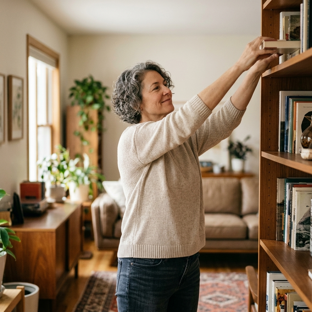 Woman reaching to a bookshelf in a cream jumper and jeans