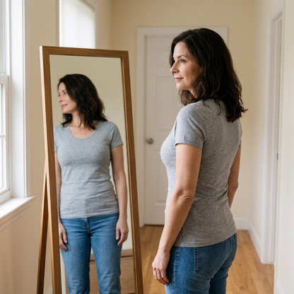 Woman at a full length mirror in a grey tee and jeans